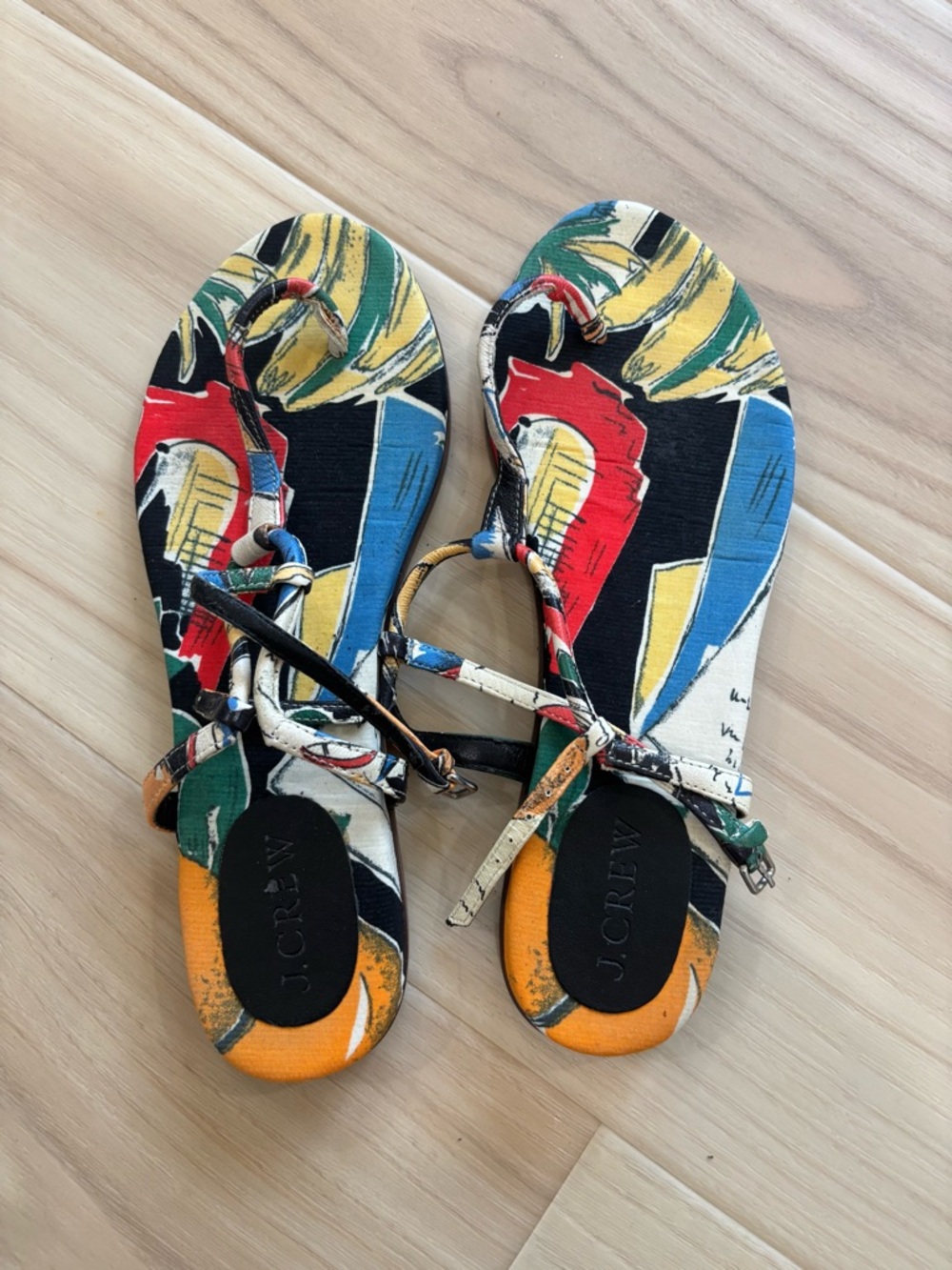 J. Crew Multicolor Graphic Print Leather-Strap Sandals - Red/Blue/Yellow